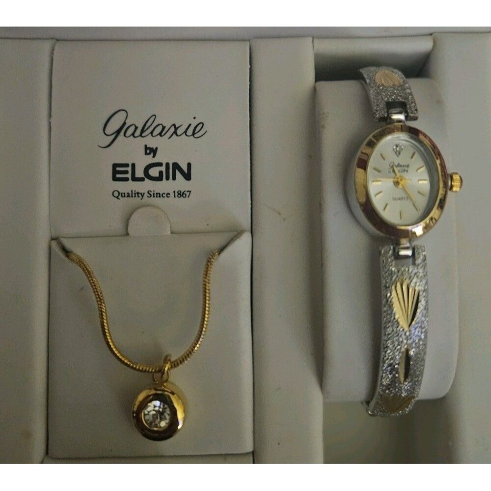 Galaxie by Elgin Women's Two Tone Watch and Pendant Necklace Gift Set NIB VTG